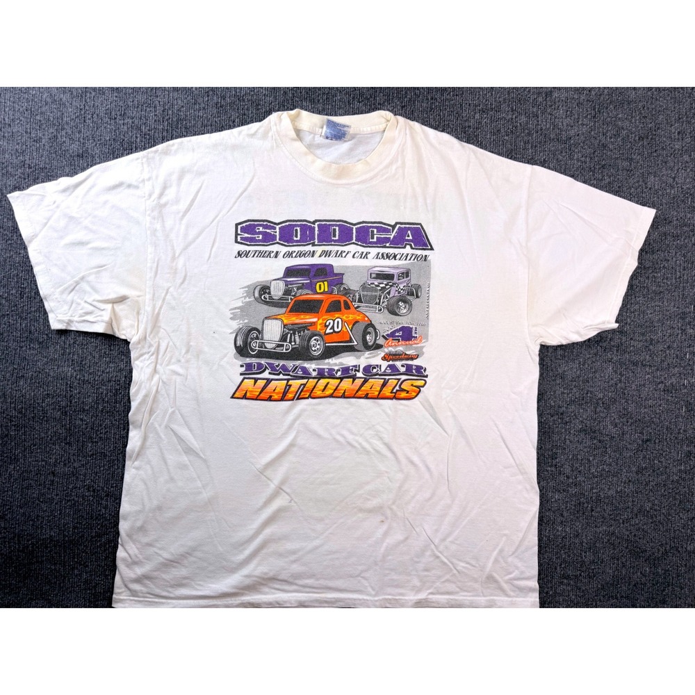 Vintage Hanes Beefy-T SODCA Dwarf Car Racing Graphic Tee XXL White Y2K Workwear